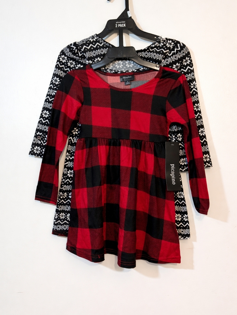 Picapino Girls Dress Set Size 4 NWT Buffalo Plaid + Nordic Print Holiday Dresses